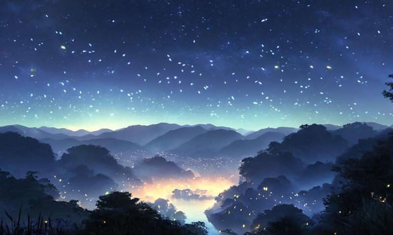 04691-1534850715-Here's the text that was generated_Arien view_ The scenery was beautiful, with tall buildings and a clear sky. Fireflies filled.png